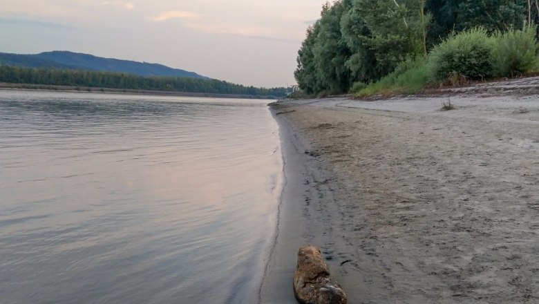 Flussufer mit Sandstrand und Bäumen bei Sonnenuntergang., © Donau NÖ Tourismus/Marlene Thin