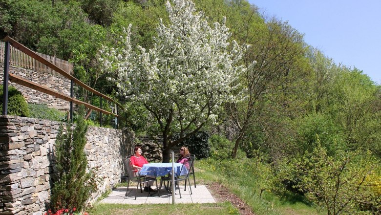 Zwei Personen sitzen an einem Tisch unter einem blühenden Baum im Garten., © Bergkirchner