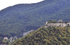 Burgruine auf bewaldetem Hügel, umgeben von dichtem Wald und Dorf im Tal., © Donau Niederösterreich, Steve Haider